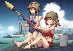  2girls barefoot beach bikini black_hair blue_one-piece_swimsuit blue_sky bob_cut breasts bucket clip_(weapon) cloud covered_navel day erica_(naze1940) feet gun helmet highres holding holding_gun holding_weapon large_breasts legs medium_breasts multiple_girls navel old_school_swimsuit one-piece_swimsuit original outdoors palm_tree pink_hair red_bikini red_eyes rifle rifle_grenade school_swimsuit short_hair sky swimsuit tree united_states_marine_corps water weapon 