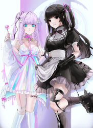  2girls :&lt; :3 apron aqua_eyes black_dress black_eyes black_footwear black_hair black_legwear blue_nails blunt_bangs boots bow breasts chest_harness cleavage collar collared_dress crescent_moon cross cross-laced_clothes dress drill_hair dripping fingernails fishnet_socks fishnets frilled_dress frills garter_straps gem gloves green_nails harness highres holding holding_wand iridescent jacket jewelry knee_boots latin_cross leg_tattoo legwear_garter long_hair luna_(unxi) moon multiple_girls nail_art nail_polish oerba_yun_fang original pill pink_collar pink_nails pink_ribbon platform_footwear ponytail puffy_short_sleeves puffy_sleeves purple_hair purple_nails ribbon shiny_clothes short_sleeves signature simple_background sleeves_past_wrists socks soleil_(unxi) spiked_collar spikes tattoo unworn_jacket unxi waist_apron wand white_background white_bow white_footwear white_jacket 