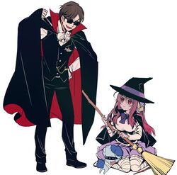  1boy 1other alternate_costume bandaged_leg bandages black_footwear bow bowtie broken broom brown_hair cape da_huang female full_body hair_ribbon halloween hat long_hair long_sleeves medium_skirt minamoto_sakura oerba_yun_fang pants pocket_watch red_eyes red_hair ribbon romero_(zombie_land_saga) scar scar_on_face shoes short_hair sitting skirt standing tatsumi_koutarou underbust vampire_costume vest wariza watch witch witch_hat zombie zombie_land_saga 