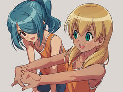  2boys :d bangs blonde_hair blue_hair blue_shorts brown_eyes commentary_request green_eyes grey_background gym_shorts hair_between_eyes hair_over_one_eye inazuma_eleven inazuma_eleven_(series) interlocked_fingers kazemaru_ichirouta long_hair looking_at_another looking_at_viewer male_focus miyasaka_ryou multiple_boys open_mouth orange_shirt otoko_no_ko ponytail raimon_track_uniform sayshownen shirt shorts simple_background sleeveless sleeveless_shirt smile stretch tan track_uniform upper_body upper_teeth 