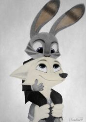  2017 alternate_version_at_source ambiguous_gender anthro arctic_fox black_stripes canid canine carrying_another clothed clothing disney duo ear_markings facial_markings fox fully_clothed fur grey_body grey_fur head_markings hi_res jack_savage lagomorph leporid looking_at_another mammal markings on_shoulders rabbit sergeyfoxx skye_(zootopia) stripes suit true_fox white_body white_fur zootopia 