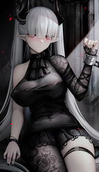  absurdres arknights ascot asymmetrical_clothes bad_id bad_pixiv_id binggong_asylum black_ascot black_dress black_nails blunt_bangs blush bound bound_wrists breasts chained_sarkaz_girl chains closed_mouth covered_navel cuffs demon_horns dress earrings eyes_visible_through_hair female hair_over_eyes highres horns jewelry large_breasts long_hair looking_at_viewer nail_polish pale_skin pointy_ears red_eyes shackles single_bare_shoulder single_leg_pantyhose sitting skindentation solo thigh_strap twintails very_long_hair white_hair wristband 