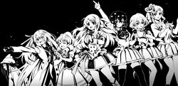  6+girls black_background chicken_costume closed_eyes closed_mouth commentary_request da_huang fingerless_gloves gloves greyscale hair_ornament heart heart_hair high_contrast holding holding_microphone hoshikawa_lily jacket konno_junko long_hair long_sleeves medium_skirt microphone microphone_stand minamoto_sakura miniskirt mizuno_ai monochrome multiple_girls nikaidou_saki open_mouth pointing pointing_up short_hair short_sleeves simple_background skirt sleeve_cuffs smile standing star_(symbol) thighhighs very_long_hair yamada_tae yuugiri_(zombie_land_saga) zombie_land_saga 