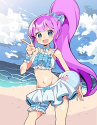  beach bikini blush ceros day female frilled_bikini frills hair_ornament high_side_ponytail highres kiratto_pri_chan long_hair looking_at_viewer manaka_non midriff navel ocean open_mouth outdoors pretty_series pripara purple_hair scrunchie side_ponytail sky smile solo stomach summer_maid_coord swimsuit v very_long_hair 