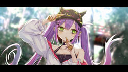  absurdres arm_up barbell_piercing bare_shoulders baseball_cap bibi_(tokoyami_towa) black_hat bottle collarbone commentary_request ear_piercing fake_horns female green_eyes green_nails hair_ornament hairclip hairpin hand_on_headwear hat highres holding holding_bottle hololive horned_headwear horns inaka_44 industrial_piercing jacket long_hair long_sleeves multicolored_hair multicolored_nails nail_polish off_shoulder papico_(ice_cream) piercing pink_hair pointy_ears purple_hair red_nails sidelocks solo streaked_hair tokoyami_towa tokoyami_towa_(1st_costume) tupet twintails upper_body very_long_hair virtual_youtuber white_jacket 