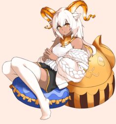  absurdres animal_ear_fluff animal_ears arknights bare_shoulders beeswax_(arknights) beeswax_(weisser_sand)_(arknights) black_shorts brown_background cardigan dark-skinned_female dark_skin female full_body goat_ears goat_girl goat_horns highres horns long_hair looking_at_viewer neti_(cpu11151) no_shoes off_shoulder official_alternate_costume open_cardigan open_clothes own_hands_together parted_lips pillow shirt shorts simple_background solo steepled_fingers thighhighs white_cardigan white_hair white_shirt white_thighhighs yellow_eyes 