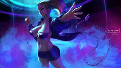  akali black_shorts blonde_hair blue_eyes breasts chain_necklace chains collarbone commentary cowboy_shot english_commentary female fingernails foreshortening highres holding holding_jewelry holding_necklace jacket jewelry k/da_(league_of_legends) k/da_akali large_breasts league_of_legends lolliedrop navel necklace outstretched_arm parted_lips short_shorts shorts signature solo taut_clothes watermark web_address 