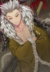  1boy armor bad_id bad_twitter_id black_hair bokuto_koutarou closed_mouth collar collarbone crossed_arms fur_collar fur_trim grey_hair haikyuu!! hemoon katana long_sleeves looking_to_the_side male_focus multicolored_hair muscular muscular_male pauldrons pectorals shoulder_armor slit_pupils solo spiked_hair standing sword tassel traditional_clothes two-tone_hair weapon wide_sleeves yellow_eyes 