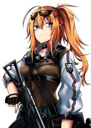  blue_eyes breasts closed_mouth cowboy_shot expressionless eyewear_on_head female girls&#039;_frontline griffin_&amp;_kryuger gun hair_between_eyes hair_ornament hair_ribbon highres holding holding_gun holding_weapon kalina_(girls&#039;_frontline) long_hair looking_at_viewer official_alternate_costume orange_hair pleated_skirt red_ribbon reizo_ne ribbon shirt side_ponytail simple_background skirt solo sunglasses weapon white_background 