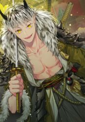  1boy abs alternate_hairstyle armor bad_id bad_twitter_id black_hair bokuto_koutarou collar collarbone fur_collar fur_trim grey_hair haikyuu!! hair_down hemoon holding holding_sword holding_weapon horns katana long_sleeves looking_at_viewer male_focus midriff multicolored_hair muscular open_clothes open_mouth pauldrons pectorals shoulder_armor slit_pupils smile solo standing sword tassel teeth traditional_clothes two-tone_hair weapon wide_sleeves yellow_eyes 