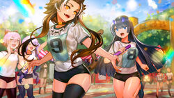  &gt;_&lt; 6+girls :d absurdres arm_up black_buruma black_hair black_legwear blue_eyes blue_footwear blue_sky blurry blurry_background blush bow braid breasts brown_buruma brown_hair buruma canking character_request chinese_commentary closed_eyes cloud cloudy_sky commentary_request copyright_request day depth_of_field flower gym_shirt gym_uniform hair_between_eyes hair_flower hair_ornament hairbow halo highres holding horns long_hair multicolored_hair multiple_girls open_mouth orange_eyes outdoors outstretched_arm parted_bangs photoshop_(medium) pink_eyes pink_hair purple_hair rainbow red_bow relay_baton relay_race running shirt shoes short_hair sky small_breasts smile sports_festival streaked_hair tail tail_raised teeth thighhighs twin_braids twintails upper_teeth_only v-shaped_eyebrows very_long_hair white_flower white_hair white_shirt xd 