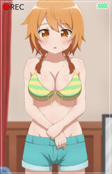  absurdres bare_shoulders battery_indicator bikini bikini_top_only blurry blurry_background blush braid breasts cleavage collarbone commentary cowboy_shot curtains female groin hair_between_eyes hand_on_own_wrist highres indoors large_breasts looking_at_viewer natsuki_hinata orange_eyes orange_hair parted_lips poa_mellhen recording short_shorts shorts striped_bikini striped_clothes sweat swimsuit tonari_no_kyuuketsuki-san twin_braids 