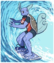  2020 3_toes absurd_res anthro anthrofied athletic athletic_anthro athletic_female barefoot border breasts brown_eyes clothed clothing feet female generation_1_pokemon hi_res looking_aside megawolf77 nintendo one-piece_swimsuit plantigrade pokemon pokemon_(species) pokemorph serious simple_background solo surfboard surfing swimwear teeth toes vehicle wartortle water watercraft wave white_border 