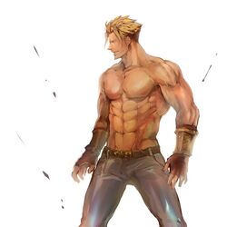  1boy 6_(brm6) abs beowulf_(fate) blonde_hair commentary_request denim facial_hair fate/grand_order fate_(series) feet_out_of_frame goatee highres jeans large_pectorals looking_at_viewer male_focus mature_male muscular muscular_male nipples no_tattoo pants partial_commentary pectorals red_eyes scar scar_across_eye scar_on_chest short_hair sideburns smirk solo standing stomach topless_male 