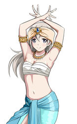  armlet armpits arms_up bandages bare_arms bare_shoulders blue_eyes blue_sash blue_skirt blush breasts chest_sarashi cleavage closed_mouth commentary_request dancer eila_ilmatar_juutilainen female forehead_jewel hair_between_eyes jewelry long_hair looking_at_viewer midriff monousa navel necklace sarashi sash simple_background skirt small_breasts smile solo standing stomach strike_witches upper_body white_background white_hair world_witches_series 