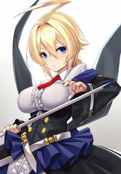  ahoge black_hair blazblue blonde_hair blue_eyes blush braid breasts cowboy_shot es_(xblaze) female hair_between_eyes highres huge_ahoge large_breasts long_hair long_sleeves looking_at_viewer necktie off_shoulder parted_lips photoshop_(medium) red_necktie short_necktie single_braid solo takanashi-a underbust xblaze xblaze_code:_embryo 