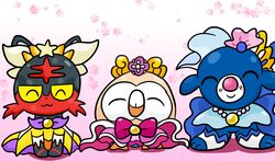  ^_^ closed_eyes commentary cosplay cure_flora cure_flora_(cosplay) cure_mermaid cure_mermaid_(cosplay) cure_twinkle cure_twinkle_(cosplay) go!_princess_precure gradient_background highres kiravera8 litten no_humans pink_background pokemon pokemon_(creature) popplio precure rowlet 