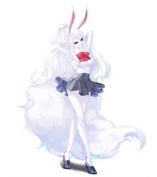  absurdly_long_hair alternate_form animal_ears black_footwear black_sclera black_skirt carrot_(one_piece) colored_sclera commentary crazy_otama eyelashes female fur fur_collar furry furry_female highres long_hair one_piece rabbit_ears rabbit_girl rabbit_tail red_eyes red_ribbon ribbon shirt shoes simple_background skirt solo standing sulong_form tail very_long_hair white_background white_fur white_hair white_shirt 