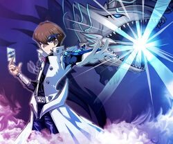  1boy bad_id bad_pixiv_id black_pants blue-eyes_alternative_white_dragon blue_eyes brown_hair card closed_mouth coat cowboy_shot dragon duel_disk duel_monster energy hair_between_eyes highres holding holding_card kaiba_seto male_focus open_mouth pants polymerization powering_up sharp_teeth short_hair tamagokake_candy teeth white_coat yu-gi-oh! yu-gi-oh!_duel_monsters yu-gi-oh!_the_dark_side_of_dimensions 