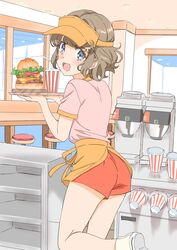  :d apron bar_stool blue_eyes brown_hair burger cheese commentary_request cup disposable_cup drinking_straw employee_uniform female food hair_ornament highres holding holding_tray koga_tomoe leg_up letter_hair_ornament lettuce looking_at_viewer looking_back open_mouth pink_shirt red_shorts restaurant seishun_buta_yarou shirt short_hair short_shorts short_sleeves shorts smile solo standing stool tamura_satomi tray uniform visor_cap waist_apron 