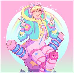  ^_^ absurdres apex_legends blonde_hair blue_bow blue_jacket blush bodysuit bow breasts closed_eyes crossed_legs double_v eyeshadow female gloves green_bow highres hood hooded_jacket jacket kawaii_voltage_wattson knee_pads lila_(lilakeylk) makeup official_alternate_costume pink_bodysuit pink_bow pink_eyeshadow pink_headwear scar scar_on_cheek scar_on_face sitting small_breasts smile solo v wattson_(apex_legends) 