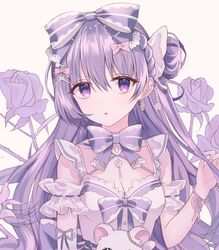  bad_id bad_twitter_id braid braided_bangs breasts commentary dress earrings female flower hair_bun jewelry lolita_fashion multicolored_clothes multicolored_dress original parted_lips pink_ribbon purple_eyes purple_flower purple_hair purple_ribbon purple_rose ribbon rose simple_background single_hair_bun small_breasts solo stuffed_animal stuffed_toy symbol-only_commentary teddy_bear white_background white_dress yagen_(user_mxur3238) 