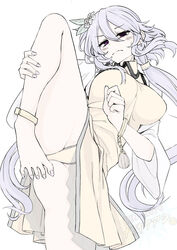  bad_id bad_twitter_id barefoot blush breasts chains closed_mouth dress female fingernails flower foot_out_of_frame hair_between_eyes hair_flower hair_ornament knee_up legs long_hair long_sleeves nail_polish panties purple_eyes purple_hair rihito_(usazukin) solo spread_toes toenail_polish toenails toes touhou tsukumo_benben underwear unfinished white_flower wide_sleeves yellow_dress yellow_panties 