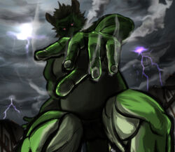  2014 anthro asian_mythology attack_on_titan colored dragon east_asian_mythology eastern_dragon electricity fingernails foreshortening green_body green_skin horn lightning male mane morenatsu mythological_creature mythological_scalie mythology nails nude parody poge_jirushi purple_eyes scalie solo tappei_(morenatsu) 