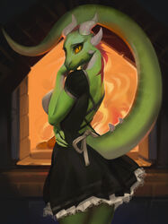  2023 absurd_res anthro argonian ass breasts butt_pose clothing female green_body green_scales guppic hi_res lifts-her-tail maid_uniform microsoft pose scales scalie solo the_elder_scrolls the_lusty_argonian_maid uniform yellow_sclera 