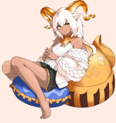  absurdres animal_ear_fluff animal_ears arknights bare_legs bare_shoulders barefoot beeswax_(arknights) beeswax_(weisser_sand)_(arknights) black_shorts brown_background cardigan dark-skinned_female dark_skin female full_body goat_ears goat_girl goat_horns highres horns long_hair looking_at_viewer neti_(cpu11151) off_shoulder official_alternate_costume open_cardigan open_clothes own_hands_together parted_lips pillow shirt shorts simple_background solo steepled_fingers white_cardigan white_hair white_shirt yellow_eyes 