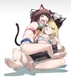  2girls animal_ears animal_hat aqua_bra aqua_panties arms_around_neck barefoot baseball_cap black_choker black_headwear black_jacket blonde_hair blunt_bangs blush bra breasts brown_hair cat_tail choker copyright_name cowgirl_position denim denim_shorts dog_hat dog_tail eating feet food food_on_face foreshortening hat hat_with_ears highres holding holding_food ice_cream ice_cream_cone ice_cream_on_face jacket kmnz long_hair long_sleeves mc_lita mc_liz medium_hair multiple_girls nail_polish nonco oerba_yun_fang off_shoulder one_eye_closed open_mouth panties pink_bra pink_nails purple_eyes short_shorts shorts simple_background skin_fang small_breasts soles straddling tail tail_raised thighs toes tongue tongue_out underwear upright_straddle virtual_youtuber white_background 