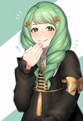  bow commentary_request female fire_emblem fire_emblem:_three_houses flayn_(fire_emblem) garreg_mach_monastery_uniform green_eyes green_hair grin hair_ornament highres long_hair long_sleeves shuri_(riri_shu) simple_background smile solo uniform upper_body 