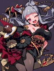  anchor animal_ears armpits bare_shoulders black_dress black_gloves blunt_bangs blunt_tresses brown_pantyhose choker commentary cupcake dress ear_ornament elbow_gloves evening_gown female food gem gloves gold_footwear gold_ship_(la_mode_564)_(umamusume) gold_ship_(umamusume) gown grey_background grey_hair high_ponytail highres holding holding_plate horse_ears horse_girl long_hair looking_at_viewer official_alternate_costume official_alternate_hairstyle one_eye_closed open_mouth pantyhose pink_eyes plate red_gemstone sandals sidelocks solo suzu_i tassel teeth twitter_username umamusume upper_teeth_only v-shaped_eyebrows watermark yellow_footwear 