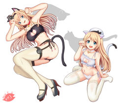  2girls alternate_costume animal_band_panties animal_cutout animal_ear_legwear animal_ears artist_logo ass_visible_through_thighs bell blonde_hair blue_eyes blush bra breasts cameltoe cat_cutout cat_ear_legwear cat_ear_panties cat_ears cat_lingerie cat_tail choker cleavage cleavage_cutout clothing_cutout collarbone commentary_request crown dated feet feline frilled_bra frills garter_belt groin hat high_heels jervis_(kancolle) jingle_bell kantai_collection kemonomimi_mode large_breasts long_hair medium_breasts meme_attire mini_crown moke_ro multiple_girls navel neck_bell open_mouth panties paw_pose paw_print sailor_hat side-tie_panties silhouette simple_background sitting smile tail thighhighs underwear underwear_only wariza warspite_(kancolle) white_background white_bra white_headwear white_legwear white_panties 