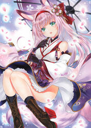  acrylic_paint_(medium) animal_ears azur_lane bare_shoulders black_gloves blush boots breasts cherry_blossoms female flower fox_ears fox_girl fox_tail gloves green_eyes hair_between_eyes hair_flower hair_ornament hairband hanazuki_(azur_lane) holding holding_umbrella japanese_clothes kimono long_hair long_sleeves looking_at_viewer marker_(medium) nordic_niku open_mouth painting_(medium) petals pink_hair print_umbrella smile solo tail traditional_media umbrella white_kimono wide_sleeves 