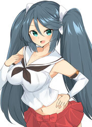  black_neckerchief blue_hair commentary_request cowboy_shot detached_sleeves female green_eyes hand_on_own_hip highres isuzu_(kancolle) isuzu_kai_ni_(kancolle) kantai_collection long_hair midriff navel neckerchief pleated_skirt sailor_bikini sailor_collar sakikumo_(sakumo) school_uniform serafuku simple_background skirt solo twintails white_background white_sailor_collar 