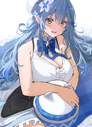  :d absurdres ahoge bad_id bad_pixiv_id beret blue_bow blue_bowtie blue_flower blue_hair bow bowtie braid breasts cleavage colored_tips commentary dress english_commentary female flower hair_between_eyes hair_flower hair_ornament half_updo hat highres holding holding_clothes holding_hat hololive icehotmilktea large_breasts long_hair looking_at_viewer multicolored_hair open_mouth plaid plaid_bow plaid_bowtie pointy_ears side_braid simple_background sitting smile solo streaked_hair unworn_hat unworn_headwear upper_body virtual_youtuber white_background white_dress white_flower white_hat yellow_eyes yukihana_lamy yukihana_lamy_(1st_costume) 