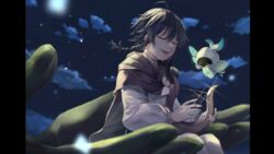  1boy amane_nishi barbatos_(genshin_impact) black_hair blurry blurry_background braid brown_cape cape closed_eyes cloud cloudy_sky elemental_(creature) flower genshin_impact highres holding holding_instrument hood hood_up instrument long_sleeves lyre male_focus nameless_bard_(genshin_impact) night night_sky open_mouth pantyhose shirt sitting sky smile sparkle spoilers twin_braids venti_(genshin_impact) white_flower white_pantyhose white_shirt 