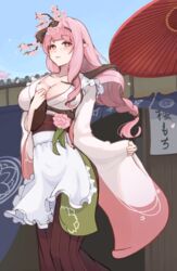  absurdres alternate_design apron bell_orgel blush braid breasts bright_pupils cherry_blossoms cleavage collarbone commentary dryad dryad_(monster_girl_encyclopedia) female flower highres holding holding_tray japanese_clothes kimono large_breasts long_hair long_sleeves looking_at_viewer medium_breasts monster_girl_encyclopedia oil-paper_umbrella outdoors pink_eyes pink_hair plant pointy_ears sidelocks solo tray umbrella very_long_hair white_pupils wide_sleeves 