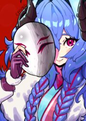  blue_hair blush braid chung1000 closed_mouth female gloves hair_between_eyes holding holding_mask horns kindred_(league_of_legends) korean_commentary lamb_(league_of_legends) league_of_legends long_hair looking_at_viewer mask one_eye_covered partially_fingerless_gloves pink_eyes purple_gloves red_background simple_background smile solo spirit_blossom_(league_of_legends) spirit_blossom_kindred unworn_mask upper_body 