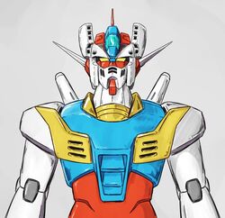  arms_at_sides commentary core_fighter crossover fusion grey_background gundam looking_at_viewer mazinger_(series) mazinger_z mazinger_z_(mecha) mecha mobile_suit_gundam niiyan no_humans pilder pun robot rx-78-2 science_fiction simple_background straight-on yellow_eyes 