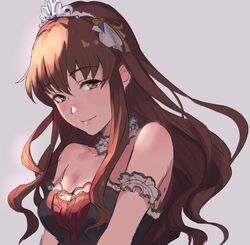  arm_guards bare_shoulders black_dress breasts brown_eyes brown_hair cleavage closed_mouth detached_collar dress female frilled_dress frills grey_background hair_ribbon hashiko_(neleven) hattori_toko idolmaster idolmaster_cinderella_girls idolmaster_cinderella_girls_starlight_stage long_hair looking_at_viewer medium_breasts ribbon simple_background smile solo tiara yellow_ribbon 