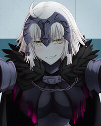  ahoge blonde_hair blush breasts fate/grand_order fate_(series) feathers female hasebe_akira headpiece highres jeanne_d&#039;arc_alter_(avenger)_(fate) jeanne_d&#039;arc_alter_(fate) looking_at_viewer medium_breasts short_hair smirk solo upper_body yellow_eyes 