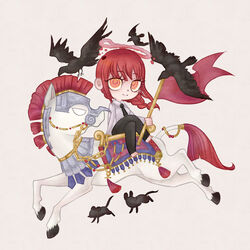  armored_animal bird black_necktie blood braid chainsaw_man chibi crossed_legs crow female flag halo helmet highres holding holding_flag horse horseback_riding intestines looking_at_viewer makima_(chainsaw_man) medium_hair mouse_(animal) necktie pasitamay red_hair riding ringed_eyes saddle shirt sidelocks white_shirt yellow_eyes 