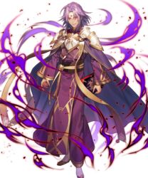  1boy alternate_costume aura belt book boots cape circlet fire_emblem fire_emblem:_the_sacred_stones fire_emblem_heroes full_body highres kazuki_yone long_hair lyon_(fire_emblem) non-web_source official_art purple_hair red_eyes teeth transparent_background 