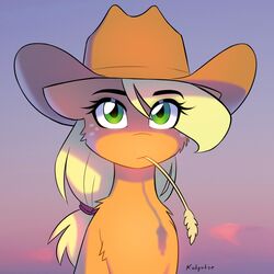  absurd_res applejack_(mlp) blonde_hair cheek_tuft clothing cowboy_hat digital_media_(artwork) earth_pony equid equine eyebrow_through_hair eyebrows eyelashes facial_tuft female feral freckles friendship_is_magic fur green_eyes hair hasbro hat head_tuft headgear headwear hi_res horse katputze mammal mouth_hold my_little_pony orange_body orange_fur pony signature solo straw_in_mouth translucent translucent_hair tuft 