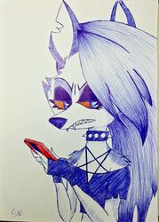  absurd_res anthro ballpoint_pen big_ears big_eyes canid canid_demon canine canis choker demon enginseer_cyvius female hair_to_side hellhound helluva_boss hi_res jewelry loona_(helluva_boss) mammal mythological_canine mythological_creature mythology necklace pen red_eyes solo traditional_media_(artwork) wolf 