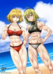  2girls abs ahoge ass_grab bikini blonde_hair blue_eyes breasts cleavage collarbone ebr-kii hand_on_another&#039;s_ass hand_on_ass hand_on_hip looking_at_viewer multiple_girls muscle muscular_female navel original short_hair swimsuit tagme tongue tongue_out yuri 