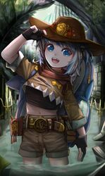  absurdres alternate_costume backpack bag belt bloop_(gawr_gura) blue_eyes blue_hair brown_jacket cowboy_hat crop_top english_commentary female fingerless_gloves fins fish_tail gawr_gura gloves grey_hair hat hat_tip highres hololive hololive_english jacket looking_at_viewer midriff multicolored_hair navel outdoors overgrown partially_submerged polearm red_scarf ruins scarf shark_girl shark_tail sharp_teeth shorts sleeves_rolled_up slow_2pin solo sports_bra tail teeth torn_clothes trident virtual_youtuber weapon 