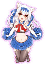  :d animal_ear_fluff animal_ears arm_ribbon azur_lane bare_shoulders black_ribbon black_thighhighs blue_ribbon blue_sailor_collar blue_skirt blush breasts cat_ears cheerleader commentary_request crop_top elbow_gloves female full_body gloves groin hair_between_eyes hair_ribbon head_tilt hestia_(neko_itachi) holding holding_pom_poms loafers long_hair looking_at_viewer midriff navel neck_ribbon oerba_yun_fang open_mouth outline pleated_skirt pom_pom_(cheerleading) red_eyes red_ribbon ribbon sailor_collar shirt shoes sidelocks simple_background skirt sleeveless sleeveless_shirt small_breasts smile solo standing taut_clothes taut_shirt thighhighs two_side_up white_background white_gloves white_hair white_shirt yukikaze_(azur_lane) zettai_ryouiki 